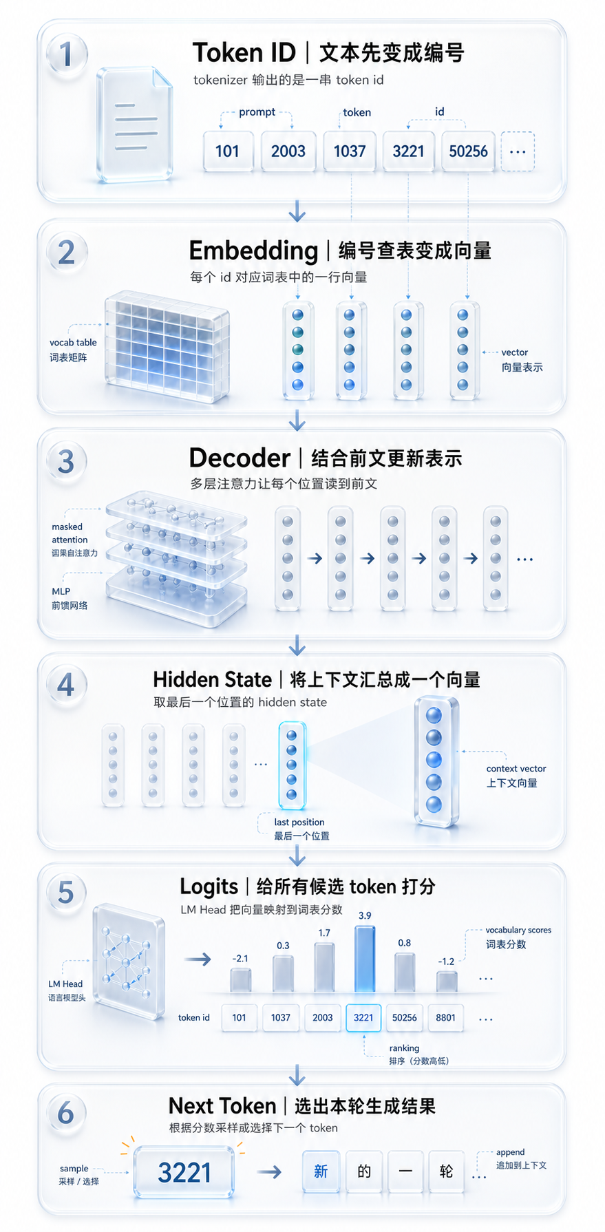 模型根据 token id 预测下一个 token 的整体流程