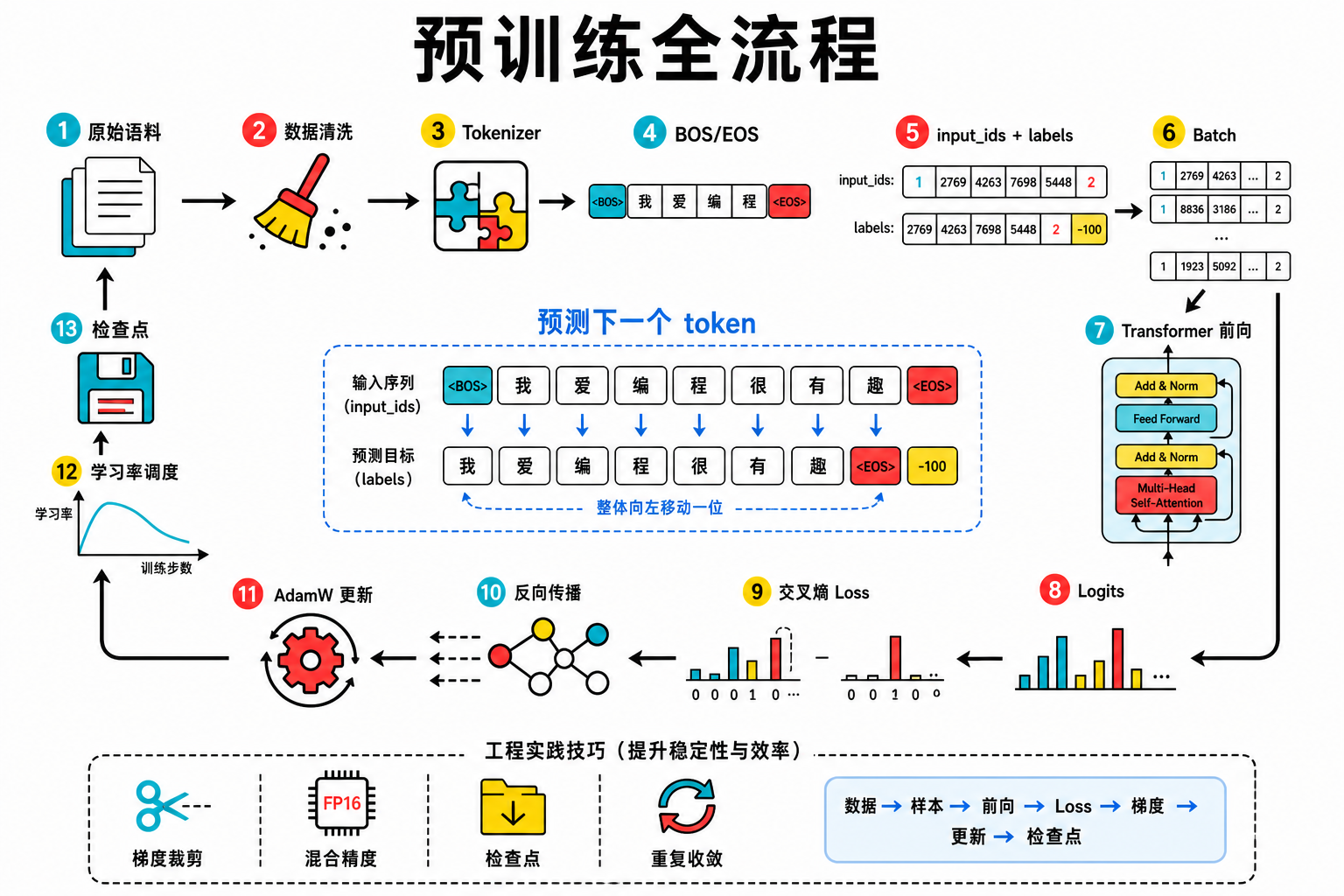 预训练全流程：从原始语料、数据清洗、分词、样本构造、前向传播、交叉熵损失、反向传播、AdamW 更新，到学习率调度和检查点保存的完整闭环